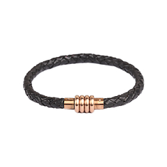 Black Woven Leather Bracelet w/ Brushed Rose Gold  S/Steel Clasp (6mm)