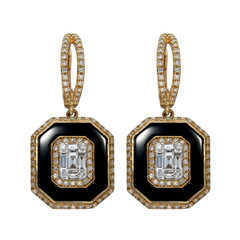 9k Gold Diamond Baguette Onyx Earrings